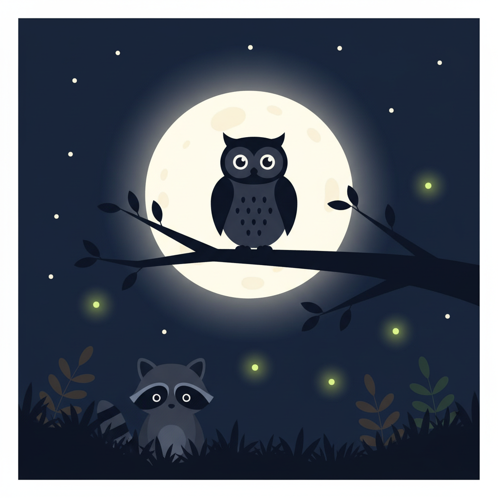 Owl perched on a branch under a full moon — nocturnal scene